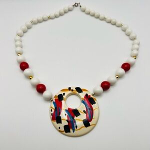 Vintage Abstract Statement Necklace Red White Beads Large Pendant